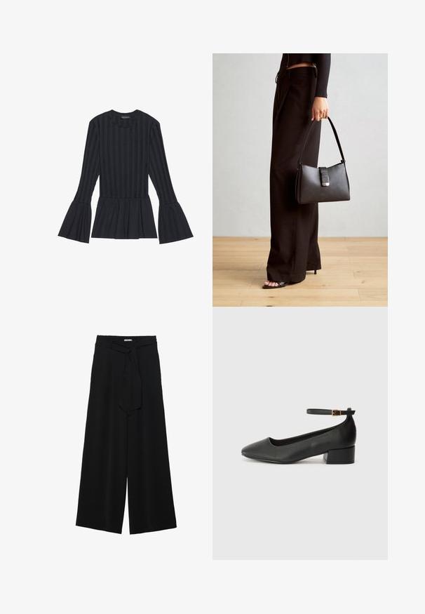 Fekete, hosszú ujjú felső, függőleges csíkokkal és bővülő ujjakkal. Peplum fazonú, puha textúrájú anyagból készült.; Fekete, bő szárú nadrág, texturált anyagból, rugalmas derékpánttal és levehető sállal a derekán, amely állítható illeszkedést biztosít.; Fekete bőr magassarkú cipő hegyes orral és alacsony tömb sarkal. Bokapánttal rendelkezik, aranyszínű csattal. Simább textúra.; Fekete kézi táska strukturált formával, sima textúrával és fémből készült záródással. Széles fekete nadrággal és nyitott orrú szandállal párosítva, fából készült padlón.