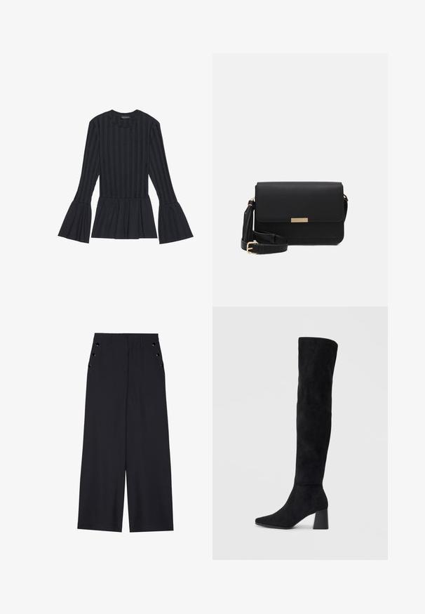Black long-sleeved top with vertical stripes and flared sleeves. Features a peplum silhouette and soft textured fabric.; Wide-leg trousers in dark navy fabric, featuring a smooth texture, front pleats, and decorative gold-tone eyelets on the side pockets.; Black suede knee-high boot with block heel, pointed toe, and smooth, seamless design on a plain light background.; Black leather crossbody bag with a flap closure, gold hardware accent, adjustable strap, and textured surface. Compact rectangular shape.