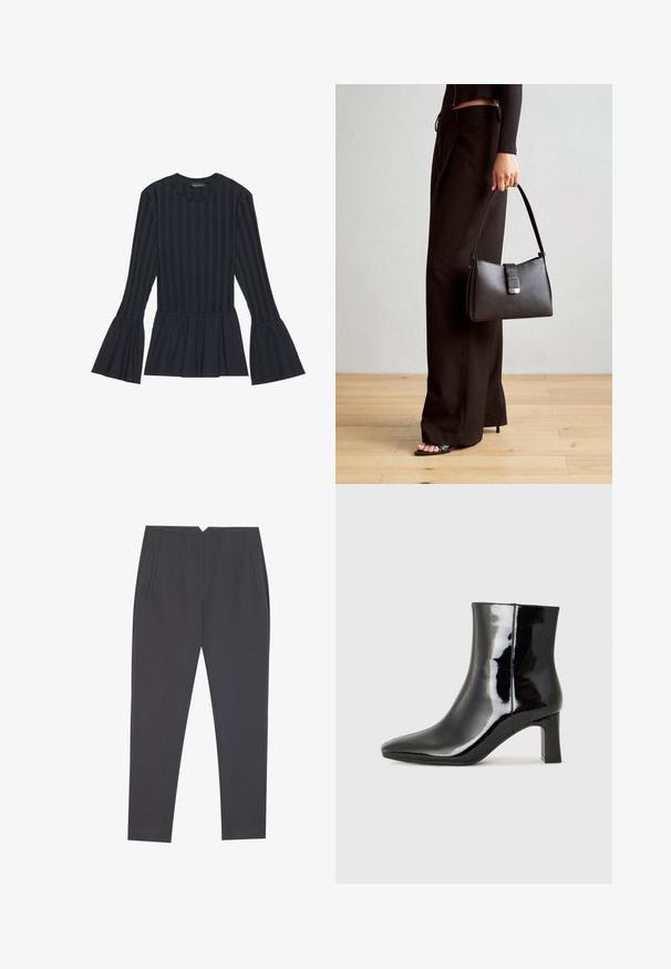 Bluza neagră cu mâneci lungi, cu dungi verticale și mâneci evazate. Prezintă o siluetă peplum și un material texturat moale.; Pantaloni tapered gri închis, cu buzunare laterale și plisuri frontale, concepuți pentru o potrivire ajustată.; Botine negre din piele lacuită, cu vârful ascuțit și toc bloc de înălțime medie. Textură netedă și design minimalist.; Genți negre cu o formă structurată, textură netedă și un închizător metalic. Asortată cu pantaloni negri largi și sandale cu vârf deschis pe un podea din lemn.