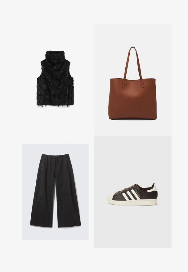 Schwarze ärmellose Weste mit hohem Kragen, strukturiertem Stoff mit ausgefransten Akzenten und einem abstrakten Muster auf der gesamten Oberfläche.; Schwarze weite Baumwollhosen. Mit einem elastischen Taillenbund und seitlichen Nähten mit Nahtdetails. Flacher Vorderteil ohne Taschen.; Low-Top Adidas Superstar Sneaker aus dunkelbraunem Leder mit cremefarbener Schale an der Spitze, weißen Streifen und dem Schriftzug "Superstar" an der Seite.; Braune Leder-Tote mit glatter Textur, offenem Oberteil und zwei Schulterriemen. Verfügt über minimale Nähte und keine sichtbaren Beschläge.