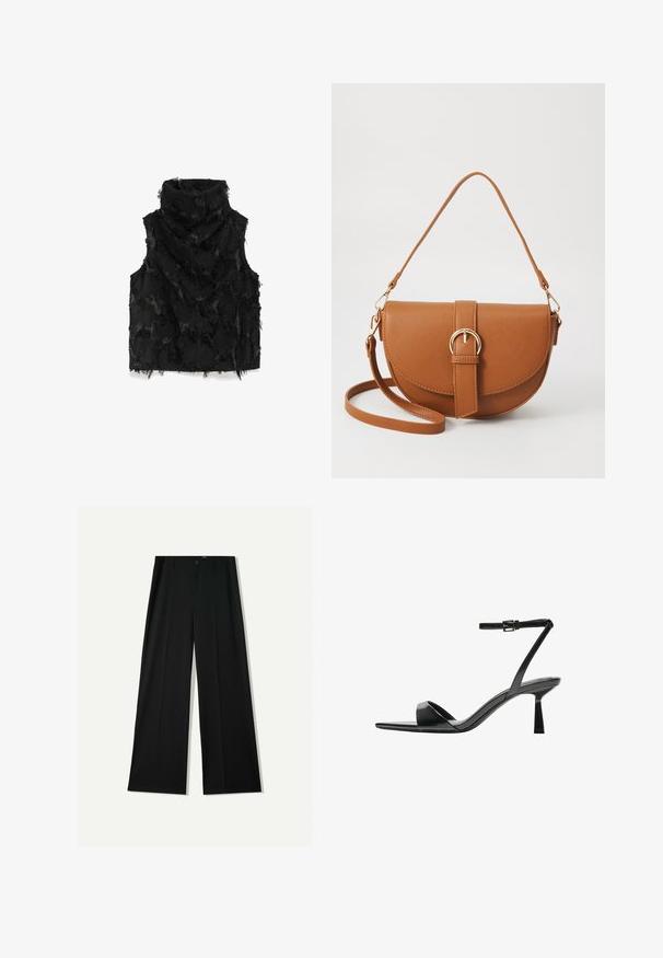 Zwarte mouwloze vest met een hoge kraag, textuurstof met rafelige accenten en een abstract patroon over het hele oppervlak.; Bershka WIDE - Broek - black; Bershka Sandalen met hoge hak - black; Bruine leren schoudertas met een gebogen vorm, gouden hardware en een gespaccent. Bevat een afneembare schouderriem.