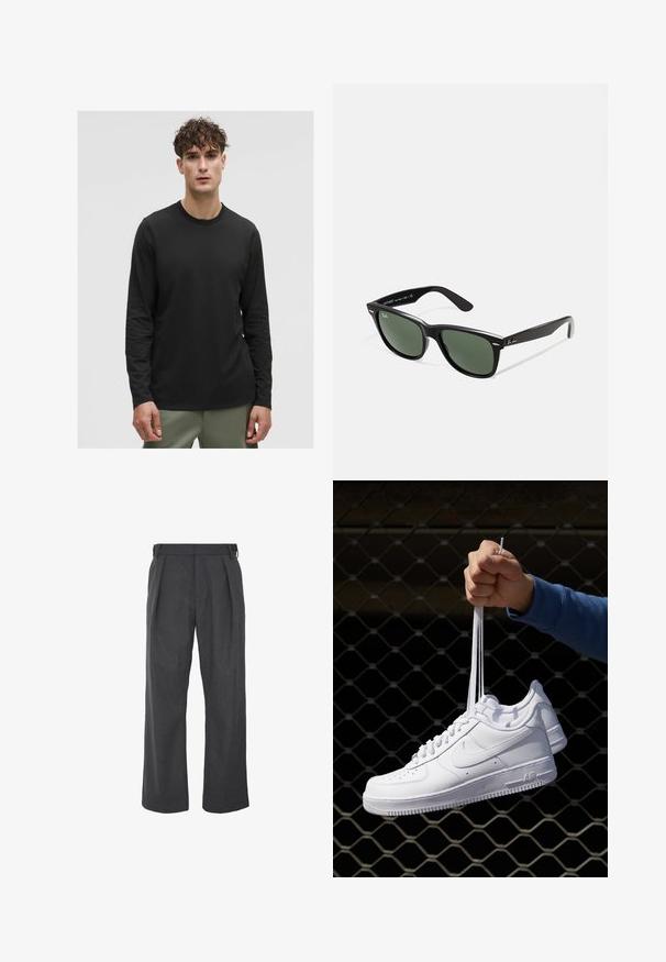 Musta pitkähihaine t-paita kevyestä kankaasta, jossa on pyöreä kaula-aukko ja yksinkertainen muotoilu, yhdistettynä oliivinvihreisiin housuihin.; Lepaskan celana lebar dari kain abu-abu gelap, dengan tekstur yang halus, depan berlipit, dan tali samping yang dapat disesuaikan untuk mendapatkan ukuran yang pas.; Valkoiset nahkasneakersit, joissa on rei'ityksiä, pyöreä kärki, tasapohja ja paksut nauhat, joissa on näkyvä swoosh-logo ja "AIR" kantapäässä.; Mustat muoviset aurinkolasit, joissa on vihreät linssit, neliönmuotoiset kehykset, hopeinen yksityiskohta kulmakarvojen kohdalla sekä tekstuuriset temppeleiden varret. Brändi ilmoitettu sisävarsissa.