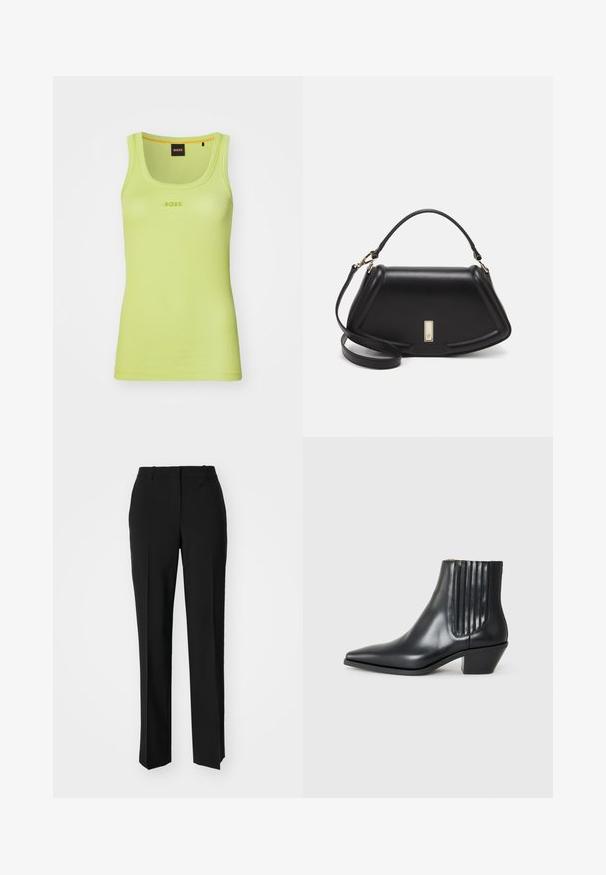 Ribbet ermeløs tanktop i lys limegrønn med rund hals. Har "BOSS"-logo i matchende tråd sentrert på brystet.; Sorte skreddersydde bukser med rett silhuett, med en glatt tekstur og klare pressede bretter foran. Ingen synlig maskinvare.; Sorte skinnankelsko med spiss tå, elastiske sidepaneler med vertikale groper, og en lav blokkhæl. Glatt tekstur og elegant design.; Sort lærveske med en strukturert design, som har en avkortet form, topphåndtak og detaljer i gull. Justerbar skulderstropp inkludert.