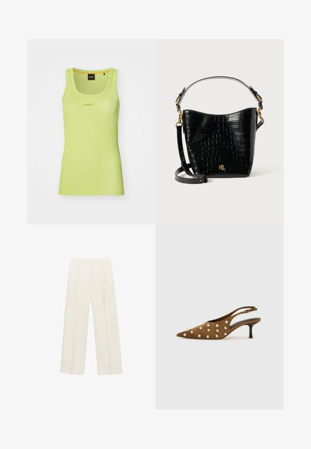 Ribbad ärmlös linne i ljus limegrön med rund halsringning. Har "BOSS"-logotypen i matchande tråd centrerad på bröstet.; Breda byxor i en ljus krämfärg. Tillverkade av ett mjukt tyg med veck fram och sidofickor.; Bruna mockasins slingback med kittenheel och spetsig tå, prydda med runda silvernitar på ovansidan och sidorna, mot en enkel vit bakgrund.; Svart krokodilpräglad läderväska med en bågformad design, guldfärgade detaljer, en justerbar rem och en logodetalj framtill.