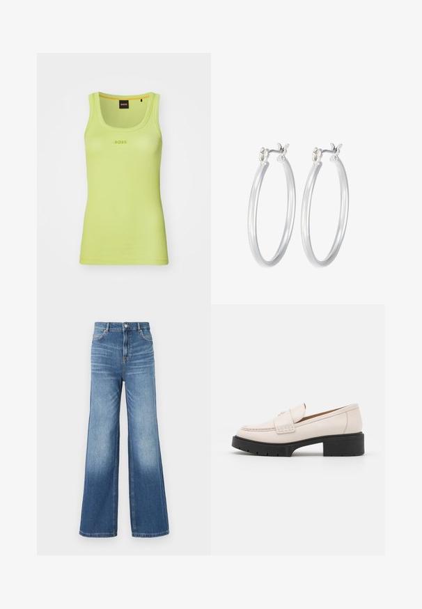 Ribbed sleeveless tank top in bright lime green with a round neckline. Features "BOSS" logo in matching thread centered on the chest.; Light blue denim wide-leg jeans with a high waistband, featuring five pockets, belt loops, and a subtle fade effect towards the hem.; Light beige leather loafers with a stitched front and a textured black platform heel. Features a curved design and a slight elevation.; Silver hoop earrings with a smooth, polished finish. Round shape and secure click-top closure. Lightweight design suitable for everyday wear.