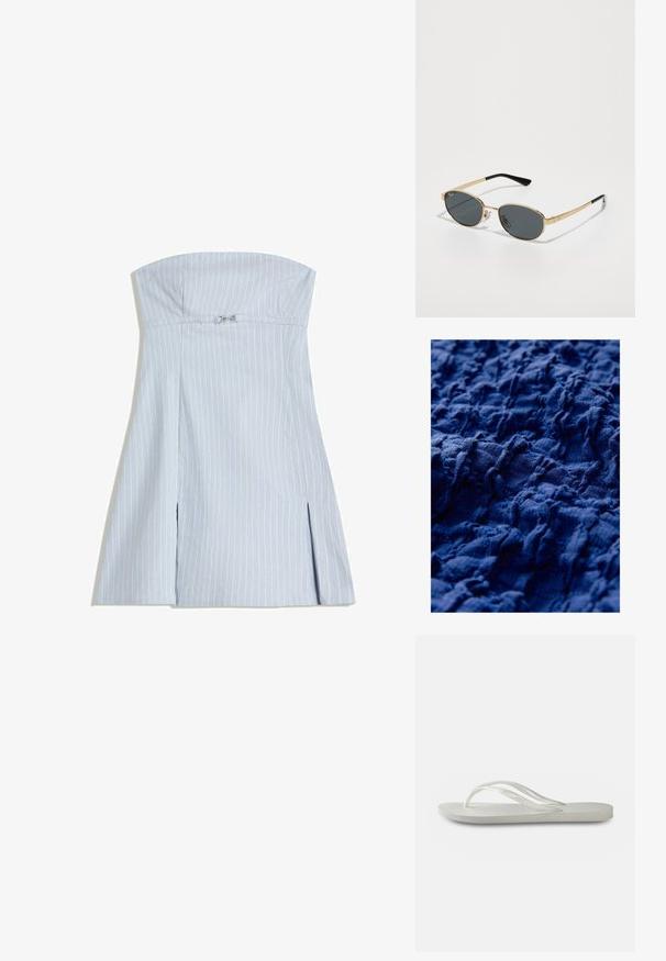 Textured navy fabric featuring a crinkled design with uneven ridges, showcasing varied surface depth and a soft, woven appearance.; Strapless, light blue dress with vertical white stripes, featuring a fitted top and two front slits, crafted from a smooth fabric. Silver hardware accent.; White flip-flop with a textured sole, featuring thin straps and a flat design. Made of rubber with a subtle logo on the footbed.; Gold metal sunglasses with oval grey lenses, thin arms, and black plastic tips. Features logo on the frame and adjustable nose pads.; Brown suede shoulder bag with crescent shape, decorated with silver and gold round studs in floral and circular patterns.