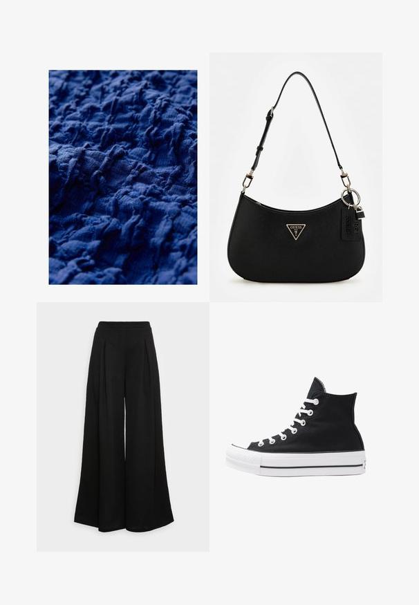 Kangas tummansinisellä värillä, jossa on ryppyinen rakenne ja epätasaisia uurteita, mikä tuo esiin erilaista pintasyvyyttä ja pehmeää kudottua ilmettä.; Laahukselliset mustat housut, jotka on valmistettu pehmeästä kankaasta, etuosassa poimutukset ja korkea vyötärö, mikä takaa hienostuneen siluetin.; Korkean ylösulkeutuvan mustan kankaan lenkkitossun, jossa on valkoiset rei'itykset, nauhat ja kumipohja. Sisältää teksturoituneen kärkitilan ja musta-valkoiset raidat.; Musta synteettinen olkalaukku, jossa on kaareva siluetti, teksturoitu pinta, kultainen kolmion logo ja irrotettavat varusteet.