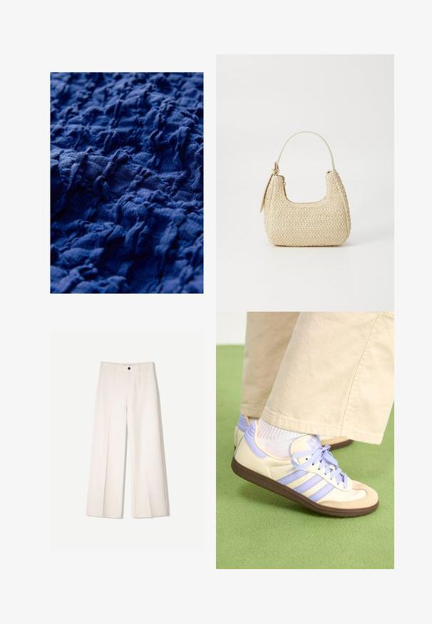 Texturovaná námořnická látka se skládáním a nepravidelnými hřebeny, která ukazuje různou hloubku povrchu a měkký, tkaný vzhled.; Krémové široké kalhoty s tailored designem, které mají dvě přední kapsy a jedno zapínání na knoflík vpředu, vyrobené z hladkého materiálu.; Krémové a levandulové tenisky se třemi pruhy a texturovanou hnědou podrážkou, vybavené tkaničkami a polstrovanou patou. Měkký textilní svršek.; Tkaná slámová kabelka v béžové barvě s zakřiveným tvarem, krátkým držadlem a bočním zipem. Vyznačuje se texturovaným povrchem a minimalistickým designem.