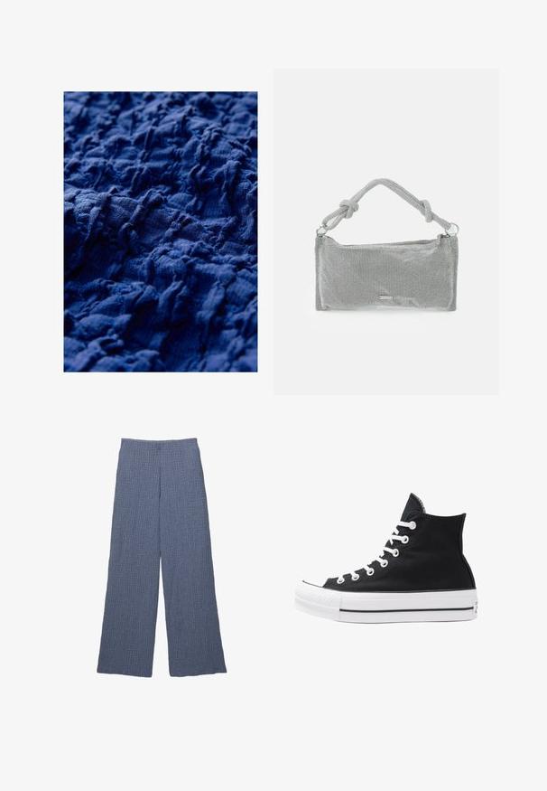 Texturerad marinblå tyg med en rynkig design och ojämna åsar, vilket visar på varierande ytdjup och ett mjukt, vävt utseende.; Blå texturerade vida byxor med ribbad design, med hög midja och löst snitt, passar för avslappnad användning.; Svart hög sneakers i canvas med vita ögla, snören och gummisulor. Har en texturerad tåskydd och svartvita randiga detaljer.; Silverfärgad nätväska med en knuten handtag, rektangulär form, texturerad yta och dragkedja. Enkelt, modernt design med minimala detaljer.