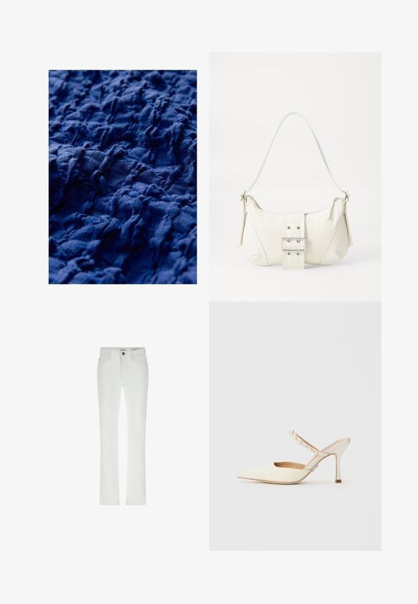 Texturiertem marineblauen Stoff mit einer zerknitterten Struktur und ungleichmäßigen Rillen, die eine variierte Oberflächentiefe und ein weiches, gewebtes Aussehen zeigen.; Weiße Jeans in schlanker Passform, 5-Taschen-Design und kontrastierenden Nähten. Mit Knopfverschluss und subtiler Markenkennzeichnung am Bund.; Steve Madden BRECKI - Pantolette hoch - ivory; Weiße Schultertasche mit texturierter Oberfläche, zentralem Schnallenakzent und geschwungener Form. Reißverschluss an beiden Seiten.