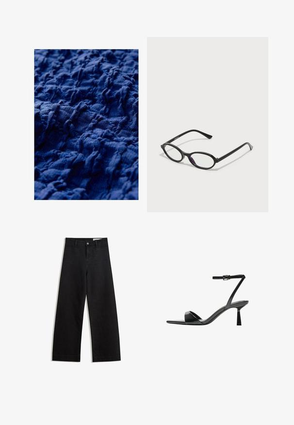 Strukturirana mornarsko modra tkanina z nagubanim oblikovanjem z neenakomernimi reliefi, ki prikazuje raznoliko globino površine in mehak, tkani videz.; Črne široke denim hlače z visokim pasom, ki imajo sprednje in zadnje žepe, šivane šive ter gumbasto zapiranje. Gladka tekstura.; Bershka Sandali z visoko peto - black; Črne ovalne okvirne očala z prosojnimi vijoličnimi detajli na lečah. Okviri imajo mat zaključek in vitke, ravne nogice.