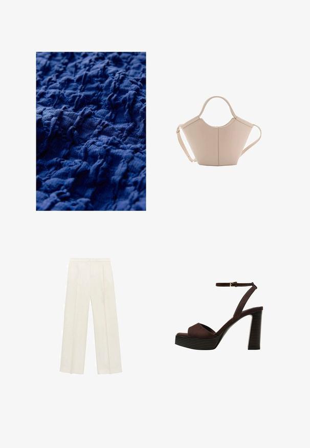 Tessuto navy texturizzato con un design arricciato e rilievi irregolari, che mostra profondità superficiale variabile e un aspetto morbido e intrecciato.; Pantaloni a gamba larga di un leggero colore crema. Realizzati in un tessuto morbido con pieghe sul davanti e tasche laterali.; Sandal in camoscio marrone con tacco alto, punta aperta, cinturino alla caviglia regolabile e suola a piattaforma striata.; Borsa in pelle beige con una forma unica, caratterizzata da due manici corti e una lunga tracolla regolabile. Texture liscia con hardware minimale.