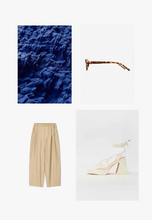 Tessuto navy texturizzato con un design arricciato e rilievi irregolari, che mostra profondità superficiale variabile e un aspetto morbido e intrecciato.; Pantaloni a righe beige con cintura elastica, dotati di due tasche laterali, vestibilità ampia e strisce verticali nere per i dettagli.; Sandalo bianco con tacco alto, caratterizzato da un design a cinturini e un legaccio alla caviglia. Texture liscia con una piattaforma frontale per un'altezza aggiuntiva.; Occhiali da sole tartarugati con una montatura spessa, tempie leggermente curve e superficie liscia. Presentano un design classico con una finitura lucida.