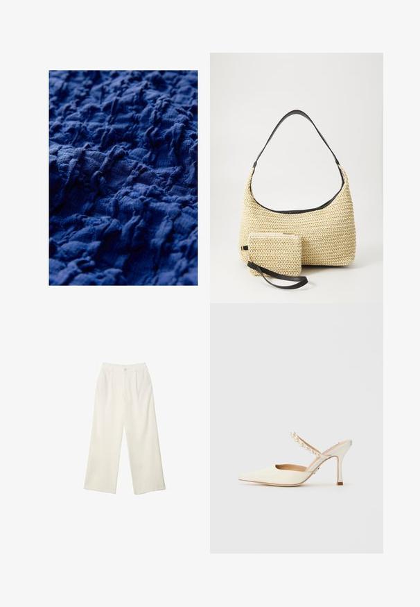 Kangas tummansinisellä värillä, jossa on ryppyinen rakenne ja epätasaisia uurteita, mikä tuo esiin erilaista pintasyvyyttä ja pehmeää kudottua ilmettä.; Kermanhousut vaaleassa kankaassa, jossa on sileä rakenne, yksittäinen etunappi, hienovaraiset laskokset ja korkea vyötärömuotoilu.; Steve Madden BRECKI - Korolliset pistokkaat - ivory; Kudottu olkikassi kaarevalla siluetilla, jossa on sileä musta nahkaremmi ja siihen kiinnitetty yhteensopiva pieni pussukka rannekahvalla.