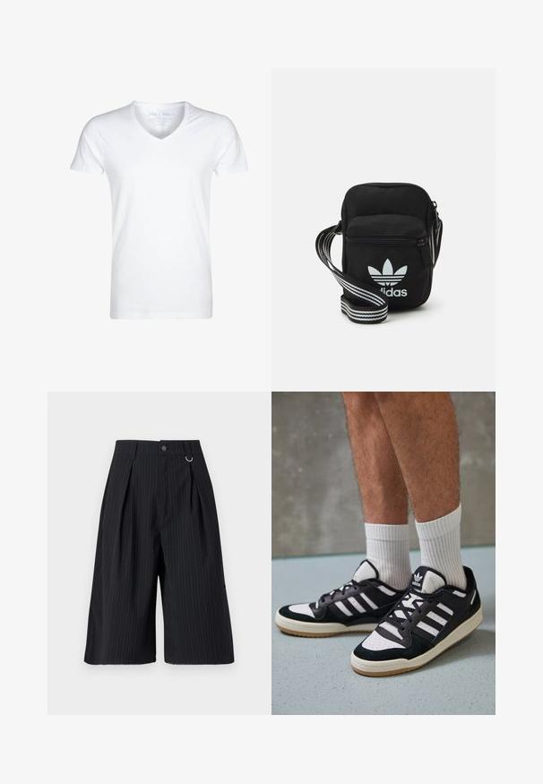 Camiseta blanca de cuello en V hecha de algodón suave. Mangas cortas, ajuste holgado y costuras mínimas. Sin patrones ni gráficos.; Pantalones cortos negros con rayas y pliegues, cierre de botón y acento de anillo metálico. Tejido suave con un ajuste a medida y diseño hasta la rodilla.; Zapatillas en blanco y negro con parte superior de ante y cuero, que presentan tres franjas blancas, una puntera perforada y una suela de goma.; Bolso cruzado de tela negra con cierre de cremallera, que presenta un logo blanco de Adidas y una correa ajustable a rayas para un fácil transporte.