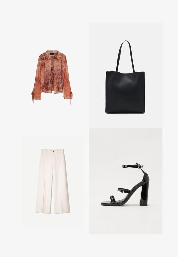 Transparente Bluse mit langen Ärmeln im rot-orangenen Blumenmuster, mit Kragen und Bindeschnurverschluss. Verfügt über geraffte Ärmel mit Kordelzug-Details.; Cremfarbene weitem Hosen mit maßgeschneidertem Design, ausgestattet mit zwei vorderen Taschen und einem vorderen Knopfverschluss, aus glattem Stoff gefertigt.; Schwarze patentierte Sandalen mit Absatz, quadratischer Spitze, Knöchelriemen und silbernen Schnallen. Mit einem stabilen Blockabsatz für mehr Stabilität.; Schwarze Laptoptasche aus Leder mit glatter Textur, rechteckiger Form und zwei langen Griffen. Keine sichtbaren Beschläge oder Verzierungen.