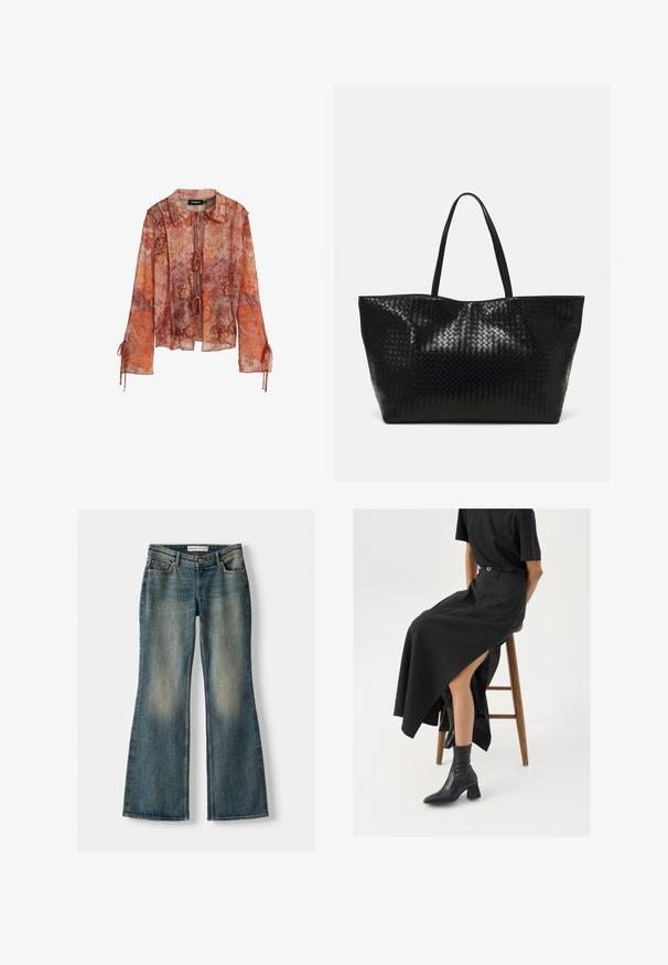 Áttetsző, hosszú ujjú blúz piros és narancssárga virágmintával, gallérral és megkötős záródással. Ráncolt ujjakkal rendelkezik, amelyeken húzózsinórok találhatók.; Kék, bővülő fazonú farmernadrág, elhasználódott mosással, öt zsebbel és gombos záródással. Az anyag denim textúrája finom varrási részletekkel rendelkezik.; Fekete len maxi szoknya magas hasítékkal, fekete pólóval és fekete bokacsizmával viselve. Minimalista dizájn, laza illeszkedéssel.; Fekete szövött bevásárlótáska két strapabíró füllel, fényes felülettel és tágas, nyitott tetejű kialakítással.