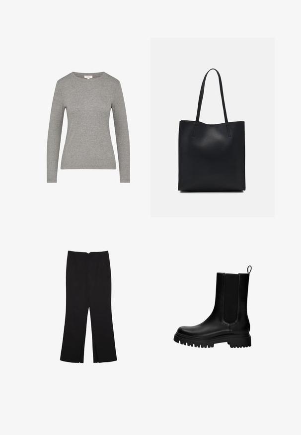 Long-sleeve gray top in soft, textured fabric with a round neck and fitted silhouette. Simple design without patterns or embellishments.; Black trousers with a straight fit, featuring front pockets and side slits at the hem. Made of soft, smooth fabric. Suitable for various occasions.; Black leather ankle boot with elastic side panels, a pull tab, and a thick, rugged sole. Smooth texture with a modern design.; Black leather tote bag with smooth texture, rectangular shape, and two long handles. No visible hardware or embellishments.