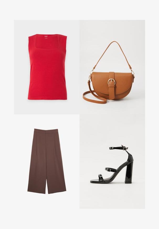 Červený top na ramínka vyrobený z bavlny, se čtvercovým výstřihem a širokými ramínky. Hladká textura, přiléhavý střih a logo značky potištěné uvnitř.; Hnědé široké kalhoty s hladkou texturou, vysokým pasem a předními záhyby. Materiál je lehký a volně splývá.; Černé lakované sandály na podpatku se čtveratou špičkou, lýtkovými pásky a stříbrnými přezkami. Disponují masivním blokovým podpatkem pro stabilitu.; Hnědá kožená křížová taška s zakřiveným tvarem, zlatými detaily a akcentem s přezkou. Obsahuje odnímatelný popruh na rameno.