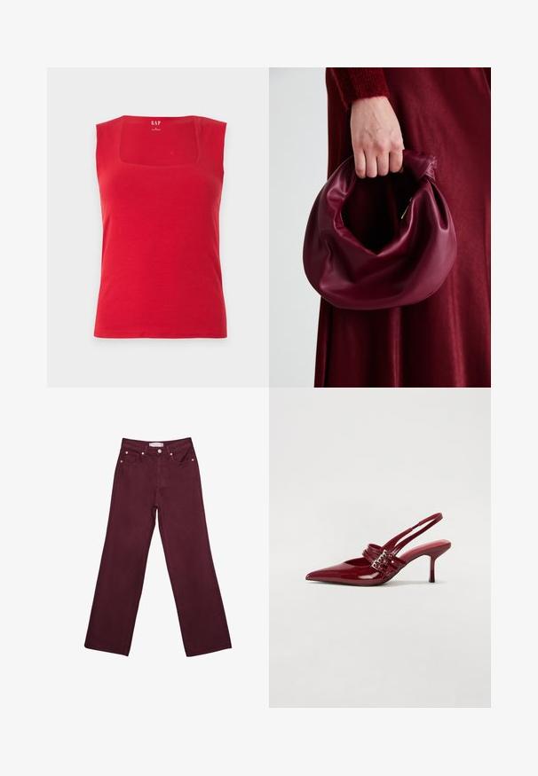 Crvena tajica izrađena od pamuka s kvadratnim izrezom i širokim naramenicama. Glatka tekstura, uski dizajn i logo branda otisnut iznutra.; Burgundske traperice visoki struk, ravnog kroja, s prednjim džepovima, gumbom za zatvaranje i akcentima od bakrenog tona.; Crvene patent kožne sandale s upetačom, oštrim vrhom, dva remena s kopčama i tankim, srednje visokim štiklama. Glatka tekstura.; Bordo kožni ruksač s mekim, naboranim dizajnom i zaobljenim oblikom. Ručka je sigurno pričvršćena, pokazujući glatku teksturu.