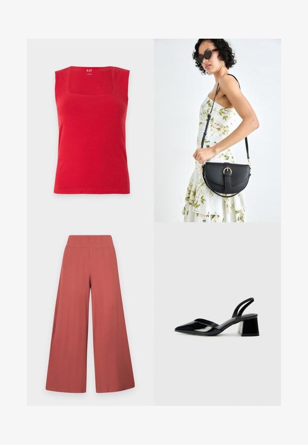 Red tank top made of cotton with a square neckline and wide shoulder straps. Smooth texture, fitted design, and brand logo printed inside.; Wide-leg trousers in a rust color, made from textured fabric with vertical ribbing. Features a high, elastic waistband.; Black patent leather slingback heels with a pointed toe and a geometric block heel. Features a sleek, minimal design and smooth texture.; Black leather handbag with a curved shape, detachable strap, and gold hardware. The bag features a flap with a buckle detail.