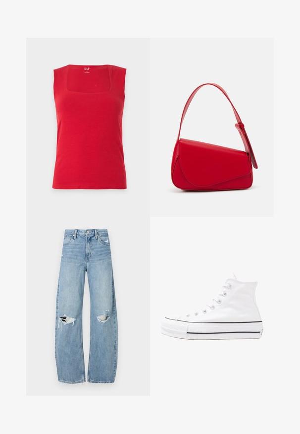 Rotes Tanktop aus Baumwolle mit quadratischem Ausschnitt und breiten Trägern. Glatte Textur, taillierte Passform und Markenlogo auf der Innenseite aufgedruckt.; Helles, hochtailliertes Jeans aus Denim. Hat weit geschnittene Beine, zwei aufgerissene Kniebereiche und klassischen Fünf-Taschen-Stil.; Weiße hochwertige Leinensneaker mit schwarzer Gummisohle, vorderem Gummizehenschutz und sechs Ösen für Schnürsenkel, die ein sauberes, minimalistisches Design aufweisen.; Rote Lederhandtasche mit einem kantigen, geometrischen Design. Verfügt über einen verstellbaren Schulterriemen und einen Klappenverschluss mit genähten Details.