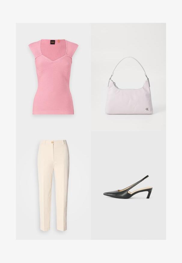 Top de tiras rosa com decote em V e mangas curtas. Apresenta um tecido texturizado e uma silhueta ajustada. Etiqueta de marca visível na gola.; Calças de cintura alta em tom creme, feitas de um tecido texturizado. Apresenta um fecho frontal com botão e pernas afuniladas.; Sandal com bico fino e calcanhar baixo, em couro liso, com um design recortado na lateral para respirabilidade.; Saco de ombro em nylon rosa claro com uma alça curvada, fecho superior em zip, detalhes em prata e um pequeno logótipo de lado.