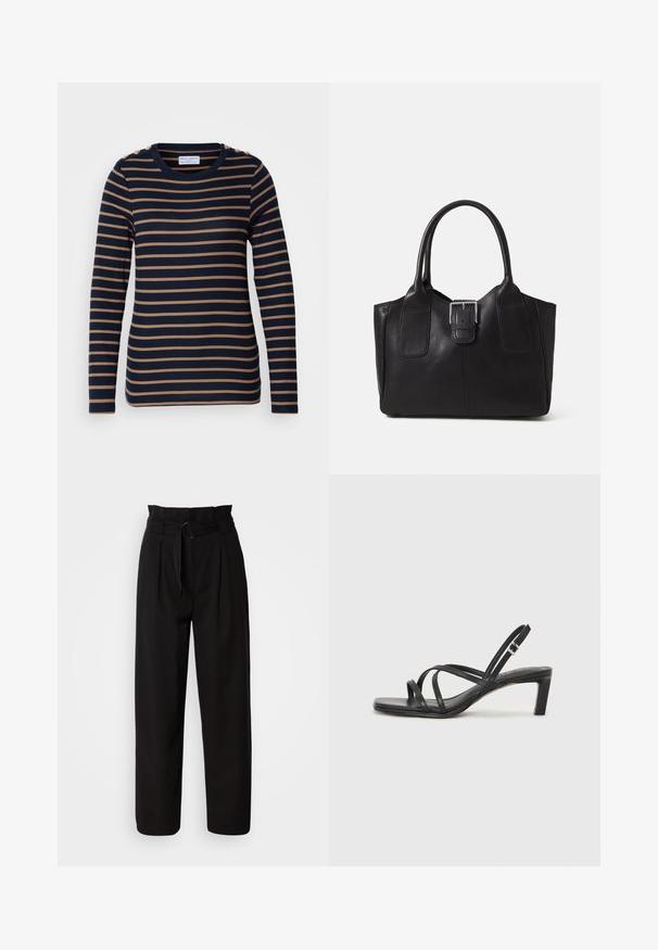 Lindex KATARINA - Top dugih rukava - dark navy; Crne hlače visokog struka s širokim nogavicama, s prednjim plitnim naborima i pojasom od tkanine s okruglom kopčom. Glatka tekstura i krojeni dizajn.; Crne sandale s trakama, kvadratnim prstom i niskom blok petom. Ima više tankih trakica i podesivu trakicu oko gležnja. Izrađene su od glatke kože.; Crna kožna torba za nošenje s glatkom teksturom, strukturiranim oblikom, dvije ručke i istaknutim srebrnim kopčanjem na prednjoj strani.