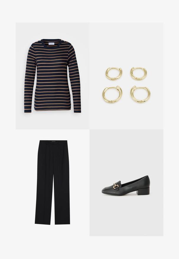 Lindex KATARINA - Langarmshirt - dark navy; Schwarze Hose mit geradem Bein, ausgestattet mit zwei frontalen Taschen und einem Taillenbund. Hergestellt aus einem glatten, leichten Stoff.; Schwarze Lederloafers mit flachem Absatz, die auf der Vorderseite ein dekoratives goldfarbenes Hardware-Detail und eine glatte Textur aufweisen.; Goldene Creolen, vier Stück, mit glatter Oberfläche, runder Form, in verschiedenen Größen, mit einem klappbaren Verschluss für einfaches Anlegen.