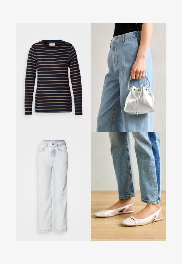 Lindex KATARINA - Topper langermet - dark navy; Lyseblå høy midje jeans med rett benpassform, laget av denim. Har knappestuss, fem-lomme design og subtilt falmet tekstur.; Lys rosa slingback leiligheter med spiss tå, laget av et glatt, læraktig materiale. Har utskjæringer på sidene og lav hæl.; Sølvfarget metallic bøtteveske med tekstur, dekorert med et rundt sølvhåndtak og snøring, holdt mot lyseblå jeans.