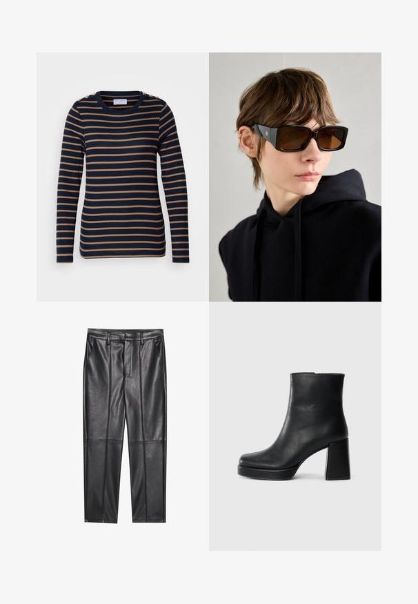Lindex KATARINA - Hosszú ujjú felső - dark navy; Fekete bőrnadrág sima textúrával, egyenes szabással, két elülső zsebbel és látható varrás részletekkel.; Fekete bőr bokacsizma tömbsarkal és platform talppal, oldalról nézve, sima fehér háttéren.; Fekete, túlméretezett napszemüveg, fényes felülettel, téglalap alakú, barna színű lencsékkel és arany logóval a szárakon.