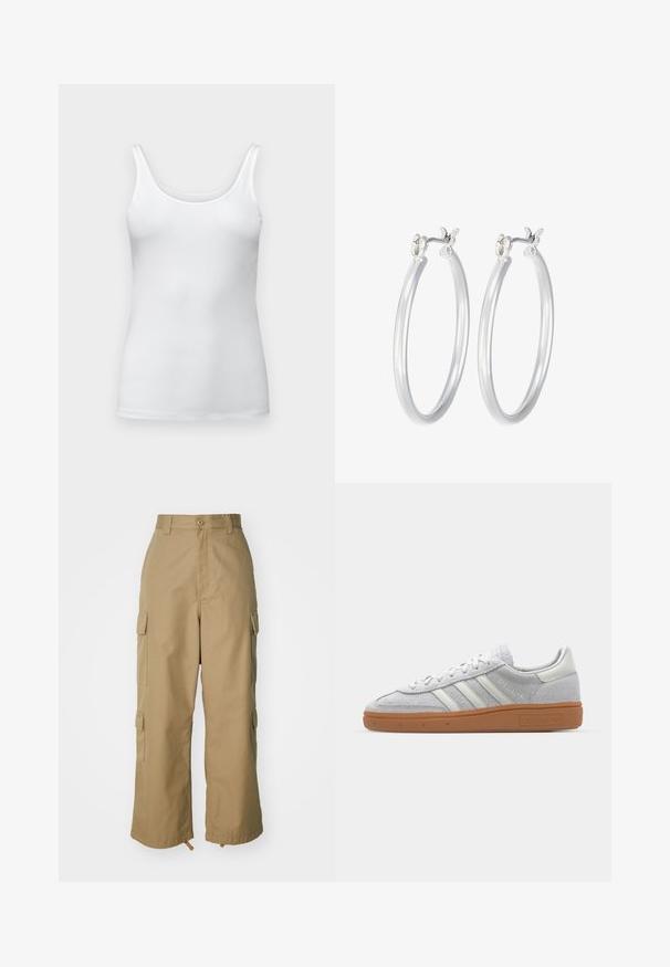 Bijela pamučna majica s tankim naramenicama, prilagođenog kroja, glatke teksture, bez vidljivih uzoraka ili ukrasa.; Bež cargo hlače visokog struka, širokih nogavica i četiri velika bočna džepa. Napravljene su od izdržljivog materijala s glatkom teksturom i minimalnim detaljima.; Svijetlosivi nubuk tenisice s bijelim kožnim detaljima, tri bijele pruge i smeđa gumena potplat, s podstavljenim ovratnikom radi udobnosti.; Srebrne kružne naušnice s glatkom, poliranom površinom. Okrugli oblik i sigurno kopčanje na klik. Lagani dizajn pogodan za svakodnevno nošenje.