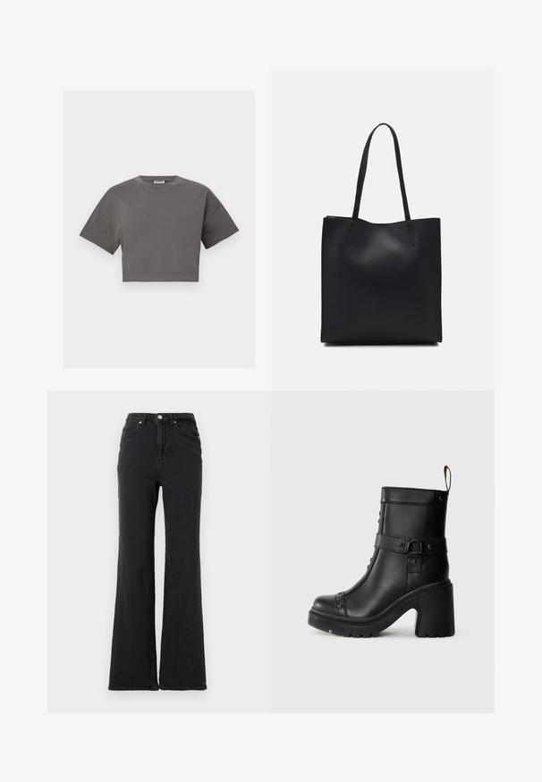 Šedé zkrácené tričko vyrobené z bavlny, s krátkými rukávy, kulatým výstřihem a jednoduchým, jednobarevným designem bez vzorů.; Černé džíny s vysokým pasem a rozšířenými nohavicemi, s předním knoflíkem a designem s pěti kapsami na čistém bílém pozadí.; Černé kožené kotníkové boty s masivním vysokým podpatkem, postranním sponou a dekorativními hroty podél předního švu. Texturovaná gumová podrážka.; Černá kožená taška přes rameno s hladkým povrchem, obdélníkovým tvarem a dvěma dlouhými uchy. Žádné viditelné kování ani ozdoby.