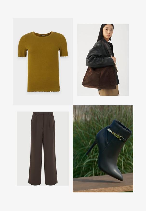 Sinepes dzeltena ribota īsām piedurknēm T-krekls ar apaļu kaklu un viļņotu apakšmalu. Mīksta tekstūra un pieguļoša dizaina. Nav redzamu aksesuāru vai rakstu.; Brahma plaša kāju bikses, kas izgatavotas no gludas auduma. Iezīme priekšējās krokas un pielāgojama jostes vieta ar jostu cilpiņām.; Melni augstpapēžu potīšu zābaki ar smailu purngalu un zelta sprādzi, izstādīti uz koka virsmas ar zaļo lapotni fonā.; Brūns zamša toleta soma ar plašu formu un mīkstu tekstūru, ar vienu siksniņu un minimālu aparatūru uz neitrāla fona.