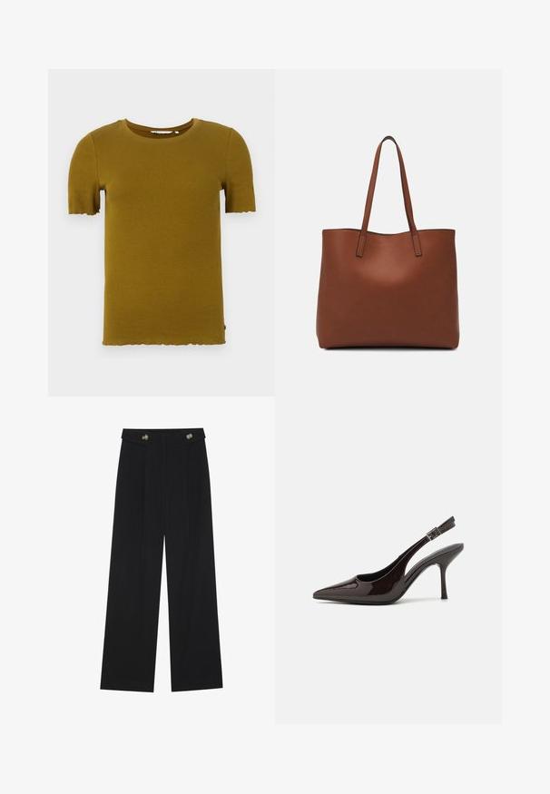 Tricou scurt cu mânecă, de culoare galben muștar, cu guler rotund și tiv ondulat. Textură moale și design ajustat. Fără accesorii vizibile sau modele.; Pantaloni negri cu picioare largi, talie înaltă, detalii cu butoane pe talie și pliseuri în față.; Pantof cu toc înalt Slingback din piele sintetică lucioasă de culoare maro închis, vârf ascuțit, laterale deschise și curea ajustabilă la glezne.; Geantă de umăr din piele maro cu o textură netedă, design cu vârf deschis și două curele pentru umăr. Prezintă cusături minime și fără componente metalice vizibile.