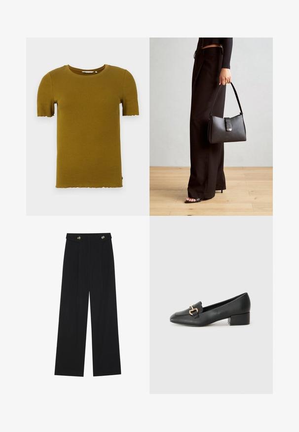 Sinepes dzeltena ribota īsām piedurknēm T-krekls ar apaļu kaklu un viļņotu apakšmalu. Mīksta tekstūra un pieguļoša dizaina. Nav redzamu aksesuāru vai rakstu.; Melnas platās bikses ar augstu jostasvietu, pogu detaļām uz jostas un priekšējām krokām.; Melnas ādas loafers ar plakanu papēdi, kurām priekšā ir dekoratīvs zelta aparatūras elements un gluda tekstūra.; Melnā somiņa ar strukturētu formu, gludu tekstūru un metālu sprādzi. Saskaņota ar platām melnām biksēm un sandālēm ar atvērtu purngalu uz koka grīdas.