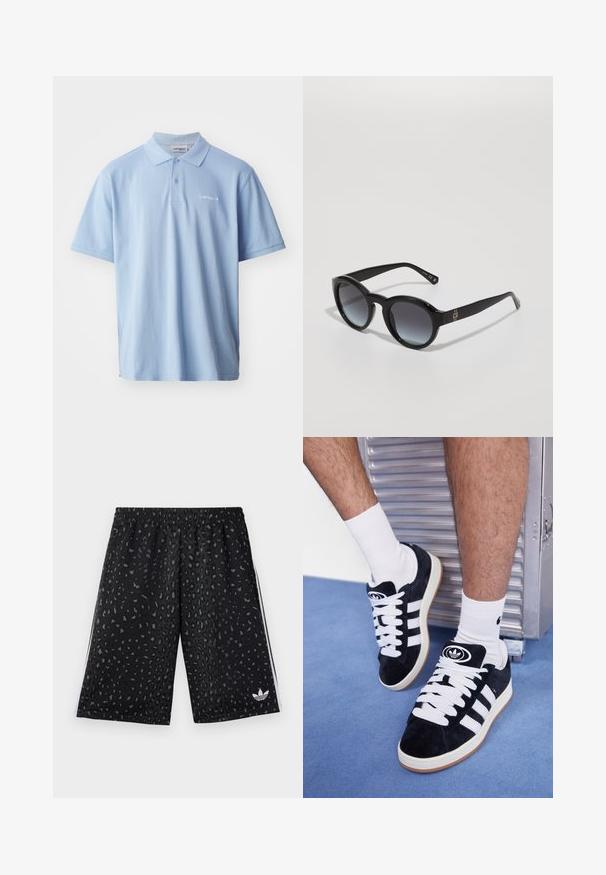 Lichtblauwe katoenen poloshirt met korte mouwen, drie knopen, en geborduurd logo op de linkerborst. Gladde textuur.; Zwarte sportshorts met een luipaardprintpatroon in donkergrijs. Voorzien van een elastieken tailleband en witte zijstrepen met een logo.; Zwarte suède sneakers met witte veters en drie witte strepen. Heeft een cirkelvormig zwart logo op de tong en een gumrubberen zool.; Zwarte zonnebril met een ronde montuur, gradient lenzen en glanzende afwerking. Beschikt over subtiele logo-accenten op de slapen.