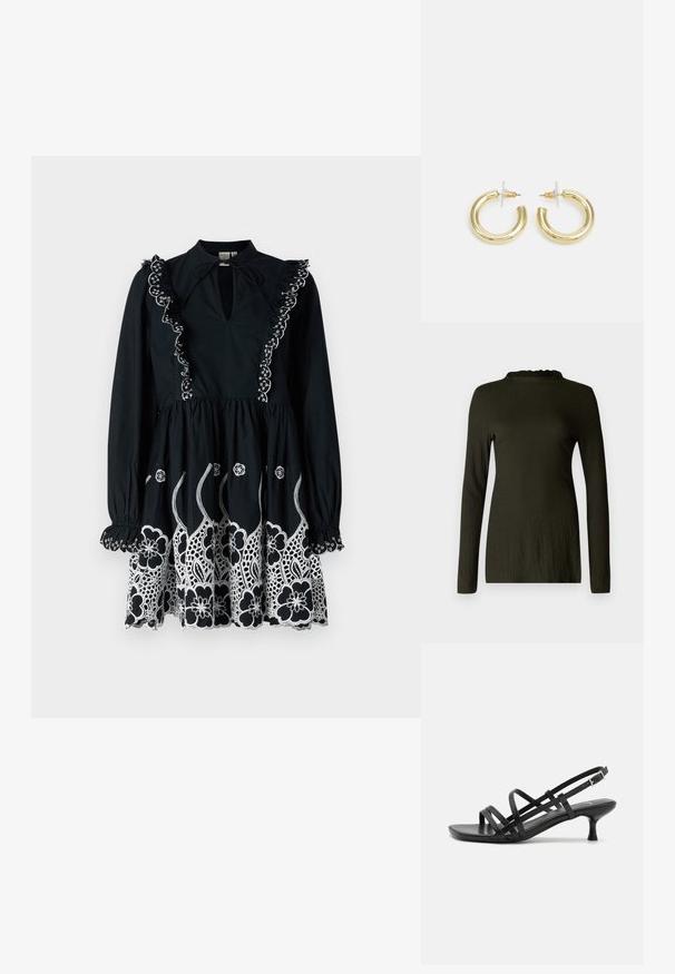 Bluză cu mânecă lungă, de culoare verde închis, dintr-un material texturat, având un decolteu cu margini ondulate și o croială lejeră. Fără modele sau accente vizibile.; Rochie neagră cu mâneci lungi, guler volanat și modele florale brodate în alb la margine. Decolteu tip cheie și detaliu cu talie strânsă.; Sandale negre cu toc, cu mai multe curele încrucișate. Material neted, vârf ascuțit și toc subțire. Curea ajustabilă la gleznă cu cataramă.; Geantă de mână din piele neagră, cu clapetă și un detaliu din metal auriu. Include o curea neagră și un design elegant, minimalist.; Cercei cercuri din aur cu un finisaj neted și strălucitor. Design circular cu un mic suport și un spate transparent pentru o purtare sigură.