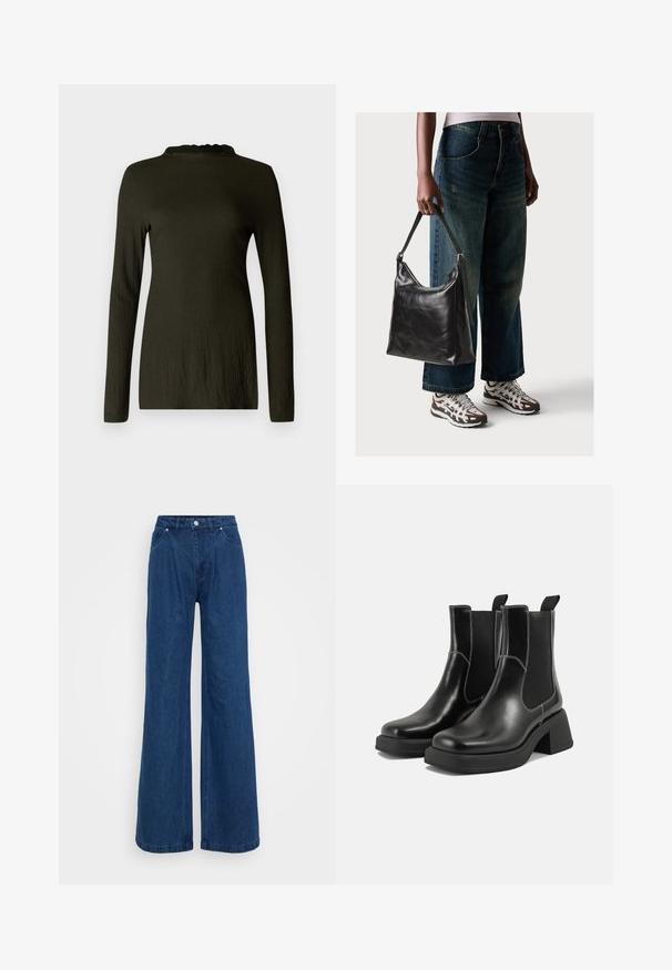 Tume roheline pikkade varrukatega särk tekstureeritud kangast, millel on laineline lõhik ja vabalt langev lõige. Mustreid või aktsente ei ole nähtaval.; Hallise jalgadega sinised denim püksid kõrge vöökohaga, ees nupuga ja tõmbluku sulguri ning ees ja taga taskutega, lihtsa tausta ees.; Must musta Chelsea saapad, millel on paks konts, elastsed külgpaneelid ja kontrastne valge õmblus. Tekstuuriga viimistlus.; Must musta õlakott, millel on sile tekstuur ja reguleeritav rihm, koos pleekinud laia jalgadega teksade ja sportlike tossudega.