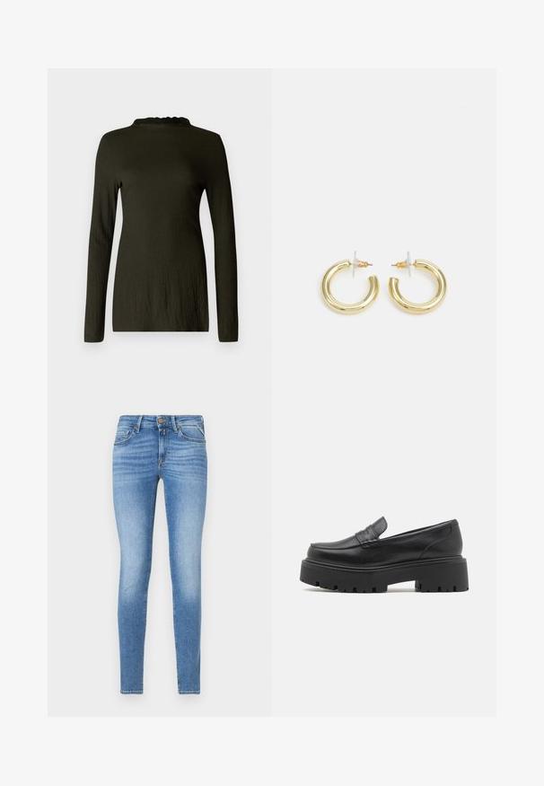 Long-sleeve top in dark green with a textured fabric, featuring a scalloped neckline and a relaxed fit. No patterns or accents visible.; Slim-fit light blue denim jeans with mid-rise waist, front button, and five-pocket design.; Black leather loafers with a low, chunky rubber sole, stitched detailing on the upper, and a smooth texture.; Gold hoop earrings with a smooth, shiny finish. Circular design featuring a small post and clear backing for secure wear.