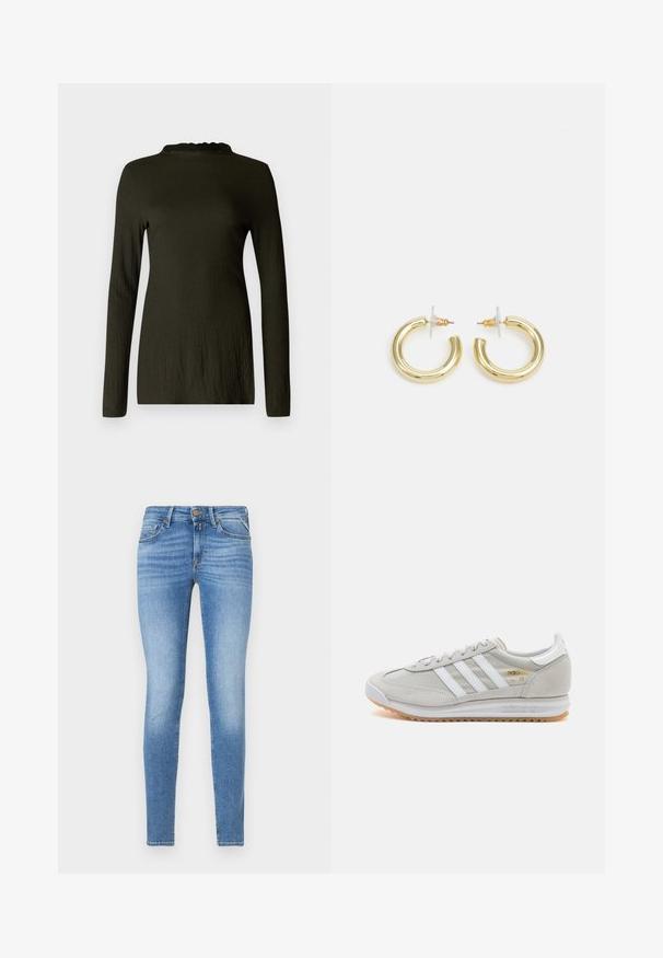 Dolga majica z dolgimi rokavi v temno zeleni barvi z teksturirano tkanino, ki ima obrobljen dekolte in sproščen kroj. Brez vidnih vzorcev ali dodatkov.; Tanjši modri jeans z višjim pasom, sprednjim gumbom in petimi žepi.; Svetlo sivi tenisice od antilopa i mrežaste tkanine, s tri bijele pruge, okruglim vrhom i gumenim potplatom. Zlatni logo akcent blizu vezica.; Zlate uhane v obliki obročkov z gladko, sijočo površino. Krožna zasnova s majhnim nosilcem in prozornim podplatom za varno nošenje.