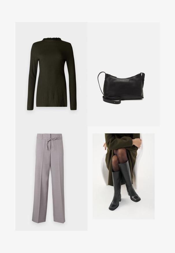 Langermet topp i mørkegrønn med en teksturert stoff, med en scallop-utskjært halslinje og en avslappet passform. Ingen mønstre eller detaljer synlige.; Lys grå, vide bukser med en blød tekstur, der har en snor i taljen og pressede folder for en strukturet pasform.; Knæhøye sorte lærstøvler med firkantet tå og blokkhelt, vist med en modell som sitter iført en olivengrønn kåpe. Glatt tekstur, minimal detaljering.; Svart skinn skulderveske med glatt tekstur, buet form, justerbar stropp og glidelås. Minimalistisk design uten dekorasjoner.