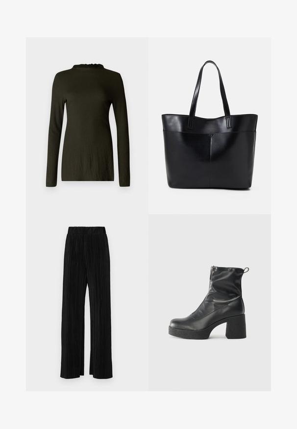 Dlhý rukáv top v tmavozelenej farbe s textúrovanou látkou, s volánovým výstrihom a voľným strihom. Viditeľné žiadne vzory ani doplnky.; Čierne plisované nohavice s elastickým pásom. Majú široké nohavice a hladkú, textúrovanú látku s vertikálnymi pruhmi.; Čierne členkové topánky z hladkej kože, so bočným zipsom, robustnou textúrovanou pätnou časťou a zaobleným dizajnom špičky.; Čierna kožená tote taška s dvoma dlhými rúčkami, hladkým povrchom a štruktúrovaným tvarom. Obsahuje prednú kapsu pre dodatočné uskladnenie.