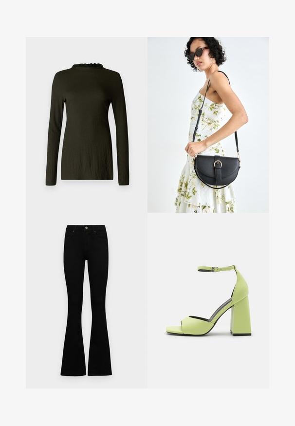T-shirt de mangas longas em verde escuro com um tecido texturizado, apresentando um decote em forma de ondas e um corte relaxado. Sem padrões ou detalhes visíveis.; Jeans pretos de cintura alta com fecho de botão e zíper, bolsos frontais e pernas largas dispostos em cima de um fundo branco.; Even&Odd Sandálias de salto alto - light green; Bolsa de couro preta com forma curva, alça destacável e detalhes em dourado. A bolsa possui uma aba com detalhe de fivela.