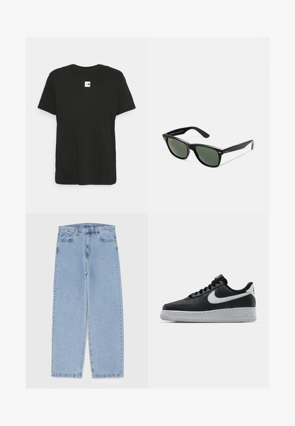 The North Face CENTRAL LOGO  - T-shirt estampada - black; Jeans de denim azul claro com design de perna reta, apresentando uma cintura de altura média, cinco bolsos e um fecho de botão e zíper.; Sapatilha de pele preta com superfície texturizada, swoosh branco da Nike, sola cinza, bico redondo e design com atacadores. Apresenta perfurações na caixa dos dedos.; Óculos de sol de plástico preto com lentes verdes, armações quadradas, detalhe prateado na sobrancelha e hastes texturizadas. Marca indicada na parte interna da haste.