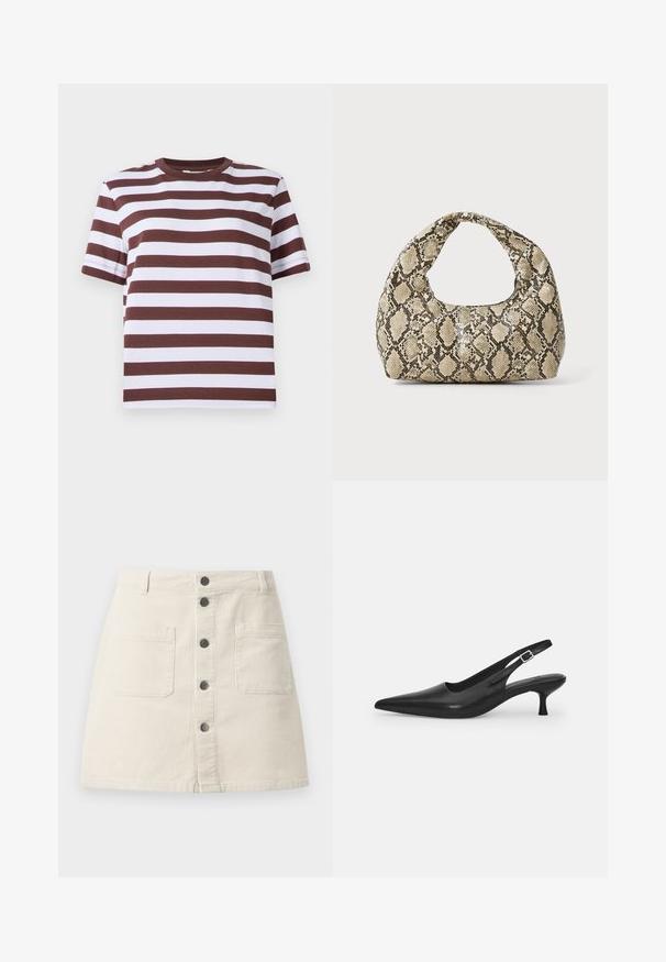 Tričko s krátkym rukávom v boji a bielych horizontálnych pruhoch, s okrúhlym výstrihom a uvoľneným strihom. Vyrobené z mäkkého bavlneného materiálu.; Béžová kordová mini sukňa s predným zapínaním na gombík, dvoma veľkými vreckami a pútkami na opasok na páse.; Čierne kožené sandále s úzkym špičatým prstom a štíhlym zakriveným podpätkom. Majú diskrétny nastaviteľný popruh s kovovou sponou.; Kabelka s hadím vzorom a zakriveným rukoväťou. Vyrobená z textúrovaných béžových a hnedých materiálov, s charakteristickým diamantovým vzorom.