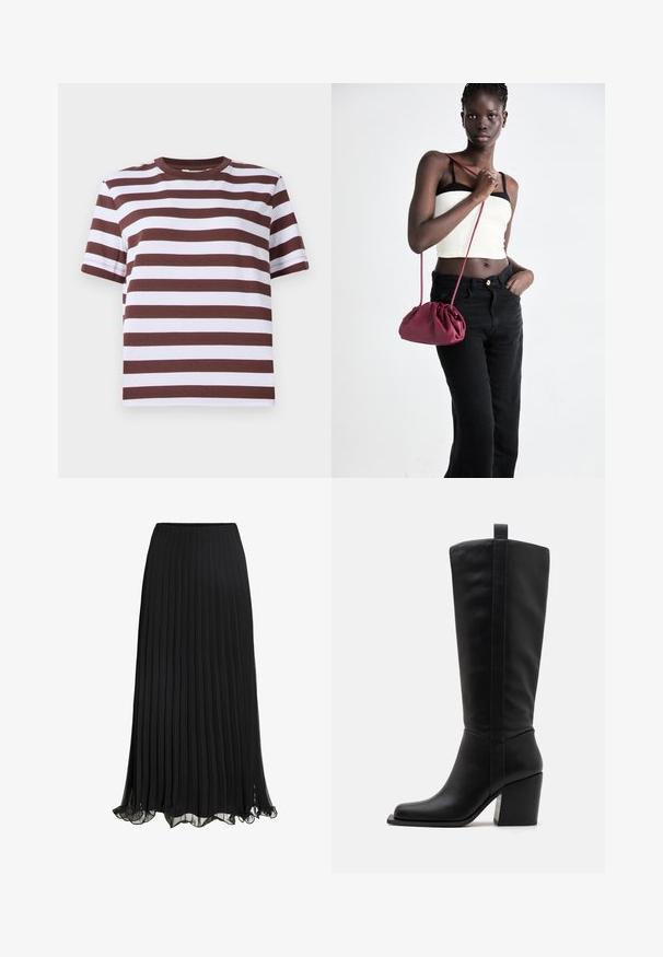 Kortærmet t-shirt med bordeaux og hvide vandrette striber, rund halsudskæring og en afslappet pasform. Fremstillet af blødt bomuldsstof.; Sort plisseret maxiskørt lavet af letvægtsstof med et flydende design. Har en volangkant og elastisk talje for komfort.; Sorte læderknæhøje støvler med en firkantet tå, en afsmalnet hæl og en lodret sømdetalje langs den ydre skaft. Glat tekstur.; Bordeaux blødt stof håndtaske med en sammenpresset design og en lang rem, båret som crossbody. Modellen bærer en hvid cropped top og sorte jeans.