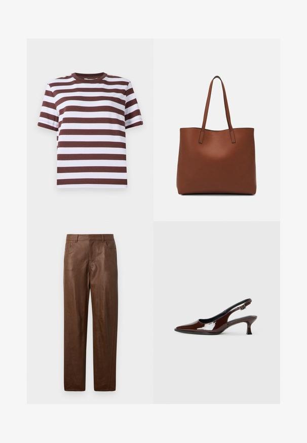 Lyhythihainen t-paita, jossa on viininpunaisia ja valkoisia vaakaraitoja, pyöreä pääntie ja rento istuvuus. Valmistettu pehmeästä puuvillamateriaalista.; Ruskeat nahkahousut, joissa on sileä pinta, suora lahjemuotoilu ja kaksi sivutaskua. Ominaisuuksiin kuuluu näkyvät ompeluyksityiskohdat.; Ruske patentin nahkalijatke sa špicastim nosom i umjerenom petom. Sadrže remen s kopčom za sigurno pristajanje. Glatka tekstura.; Ruskea nahkainen olkalaukku, jossa on sileä pinta, avoin yläosa ja kaksi olkahihnaa. Omaavat vain minimaalisen ompelun eikä näkyvää metalliosaa.