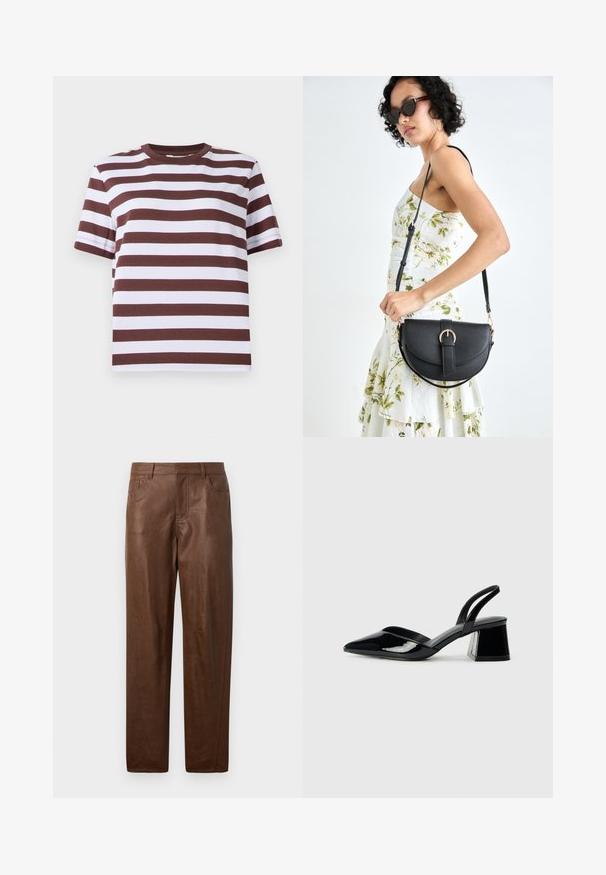 Majica s kratkim rukavima u boji burgundac i bijelim horizontalnim prugama, okrugli izrez i ležeran kroj. Izrađena od mekog pamučnog materijala.; Smeđe kožne hlače s glatkom teksturom, ravnog kroja i dva bočna džepa. Imaju vidljive šavove.; Crne lakirane kožne sandale s otvorenom petom i špicastim vrhom, s geometrijskom blok petom. Imaju elegantan, minimalistički dizajn i glatku teksturu.; Crna kožna torba s lukovitim oblikom, odvojivim remenom i zlatnim detaljima. Torba ima preklop s kopčom.