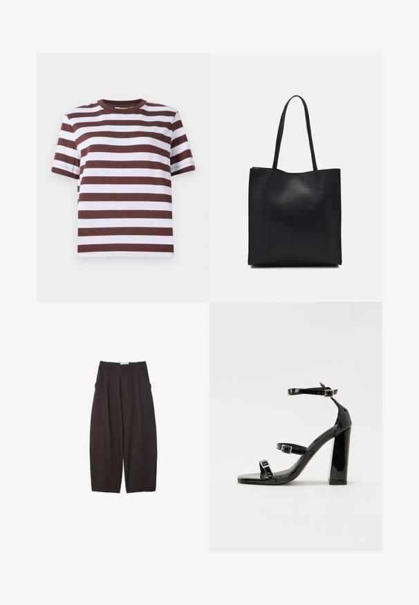 Kortærmet t-shirt med bordeaux og hvide vandrette striber, rund halsudskæring og en afslappet pasform. Fremstillet af blødt bomuldsstof.; Sorte brede bukser lavet af et glat stof, med høj talje, forfaldne folder og sidelommer. Simpelt design uden udsmykninger.; Sorte patenterede hælsandaler med firkantet tå, ankelremme og sølvspænder. Har en chunky blokHæl for stabilitet.; Sort læder tote taske med glat tekstur, rektangulær form og to lange hanke. Ingen synlig hardware eller udsmykninger.